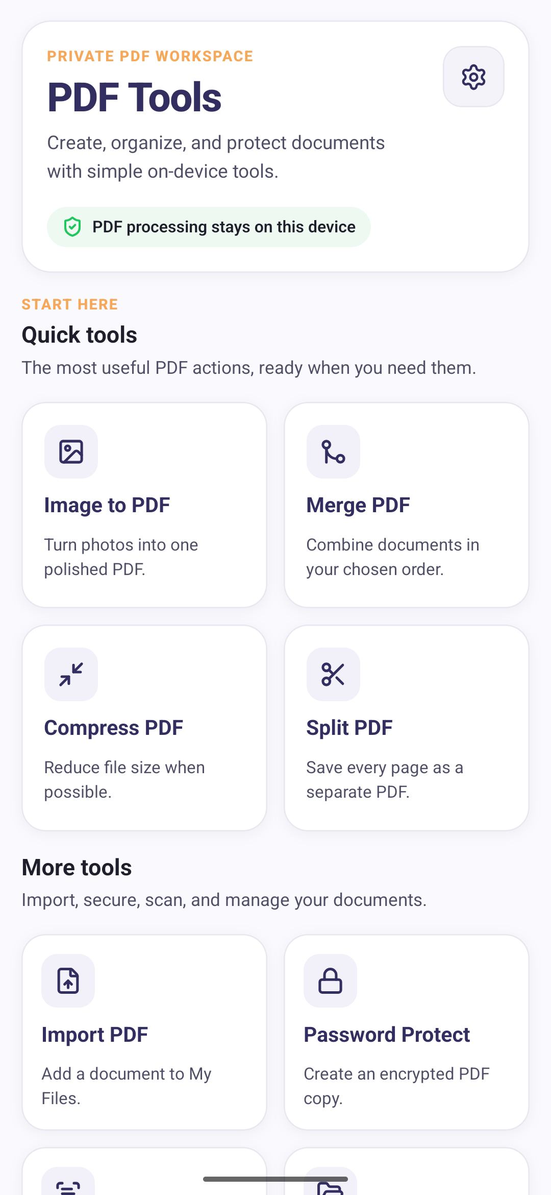 PDF Tools home screen on an Android phone, listing Image to PDF, Merge PDF, Compress PDF and Split PDF as quick tools