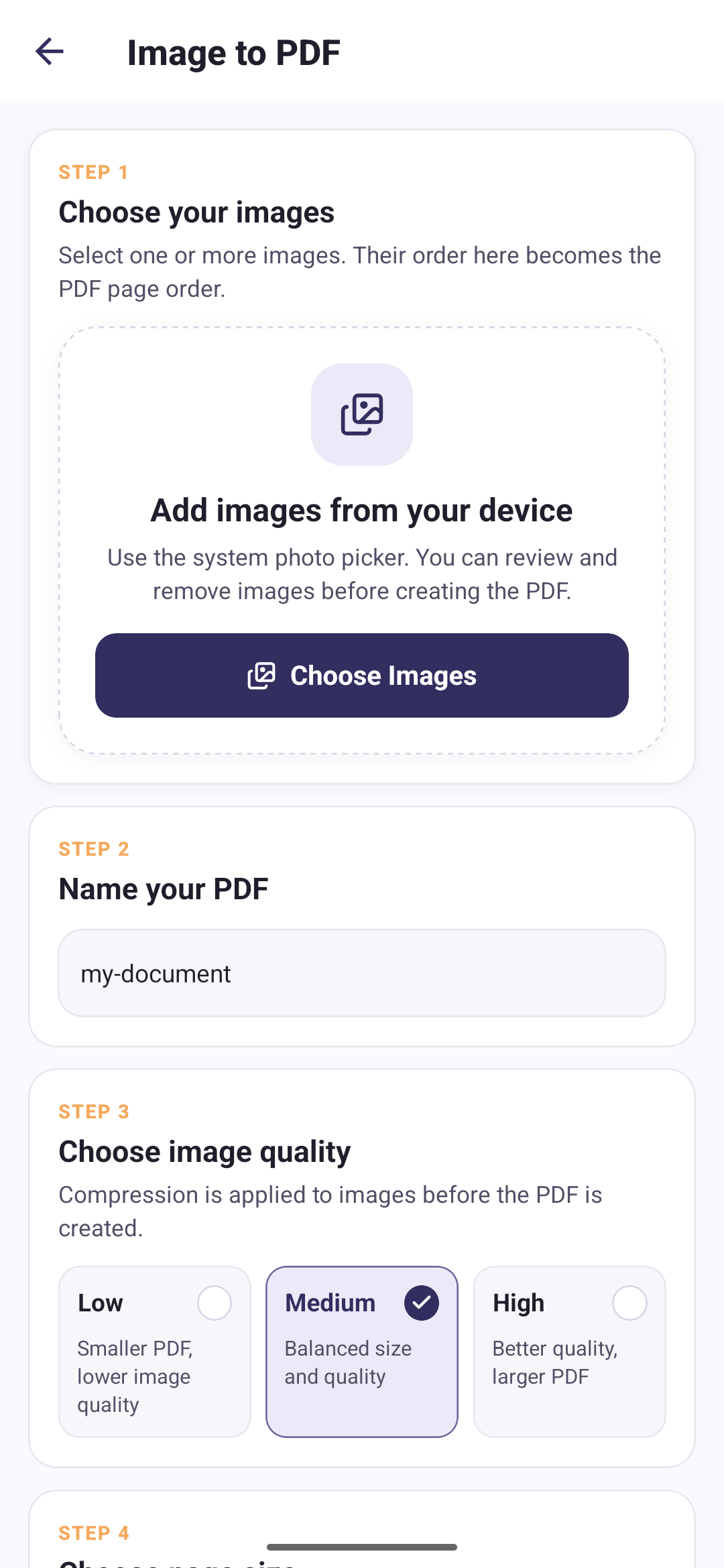 Image to PDF screen with numbered steps for choosing images, naming the PDF, and picking Low, Medium or High image quality