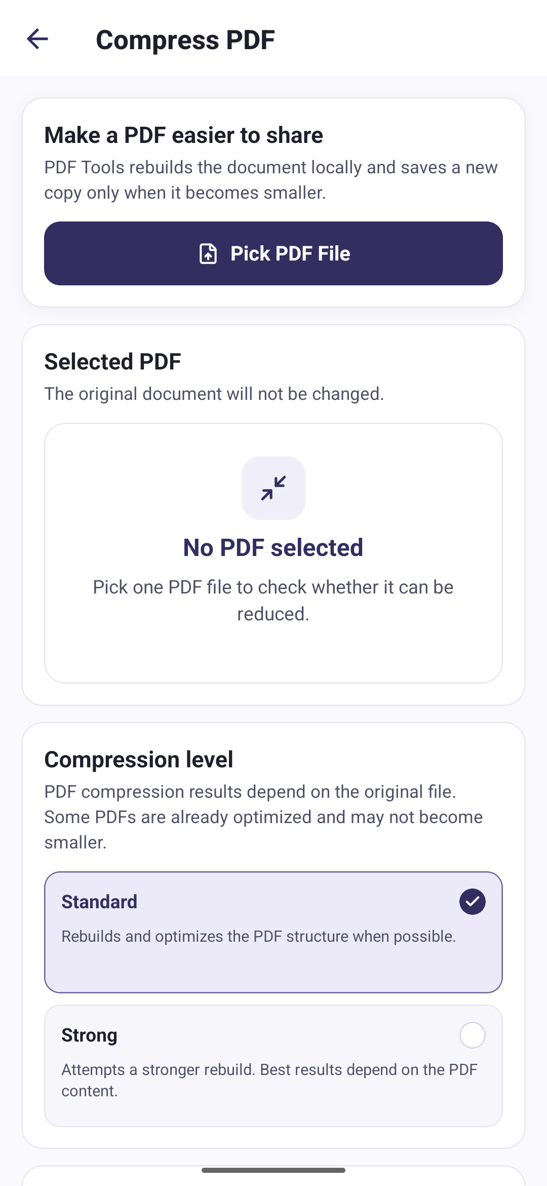 PDF Tools Compress PDF screen with a Pick PDF File button, an empty Selected PDF panel reading No PDF selected, and the Standard and Strong compression levels below