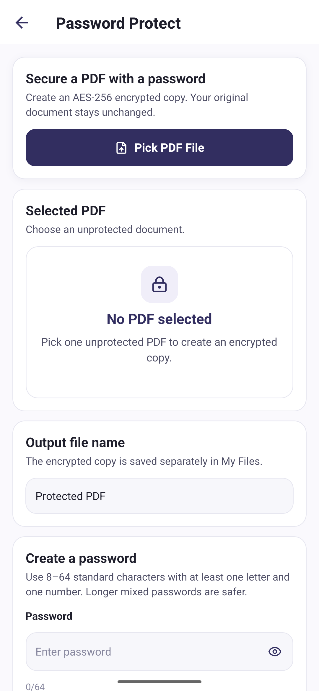 PDF Tools Password Protect screen with a Pick PDF File button, an Output file name field set to Protected PDF, and a password field with a character counter