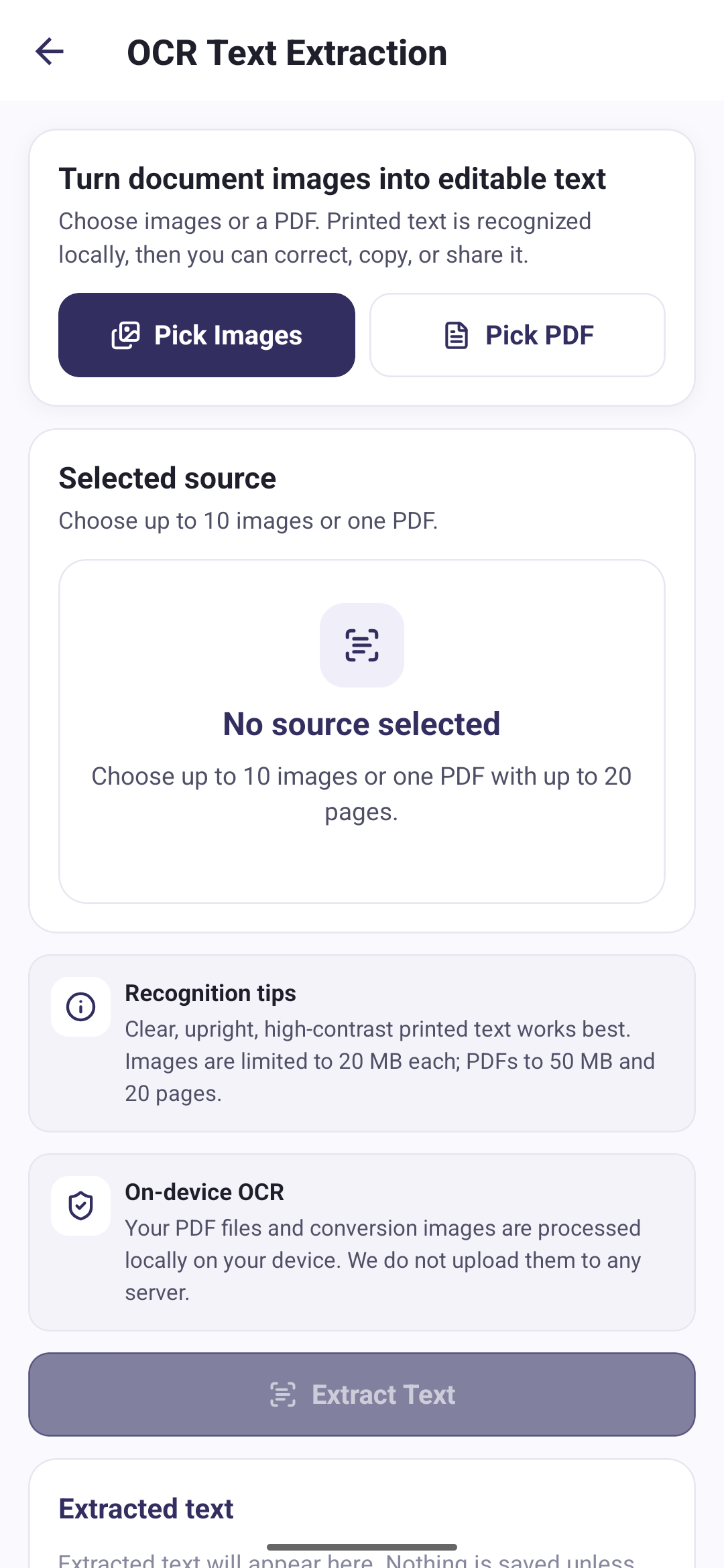 PDF Tools OCR Text Extraction screen with Pick Images and Pick PDF buttons, recognition tips, and a note that text recognition runs on the device