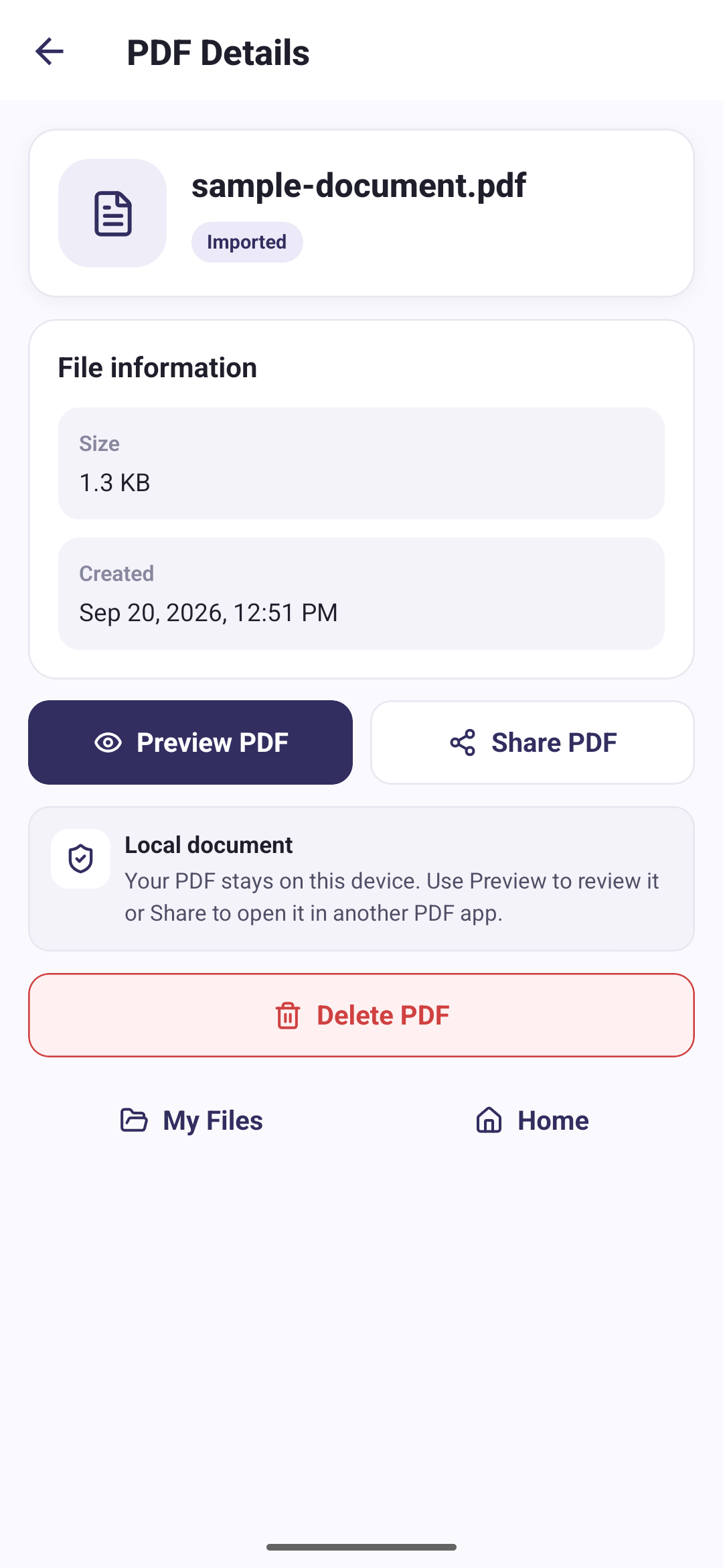 PDF Details screen listing a document size and creation time above Preview PDF, Share PDF and Delete PDF actions