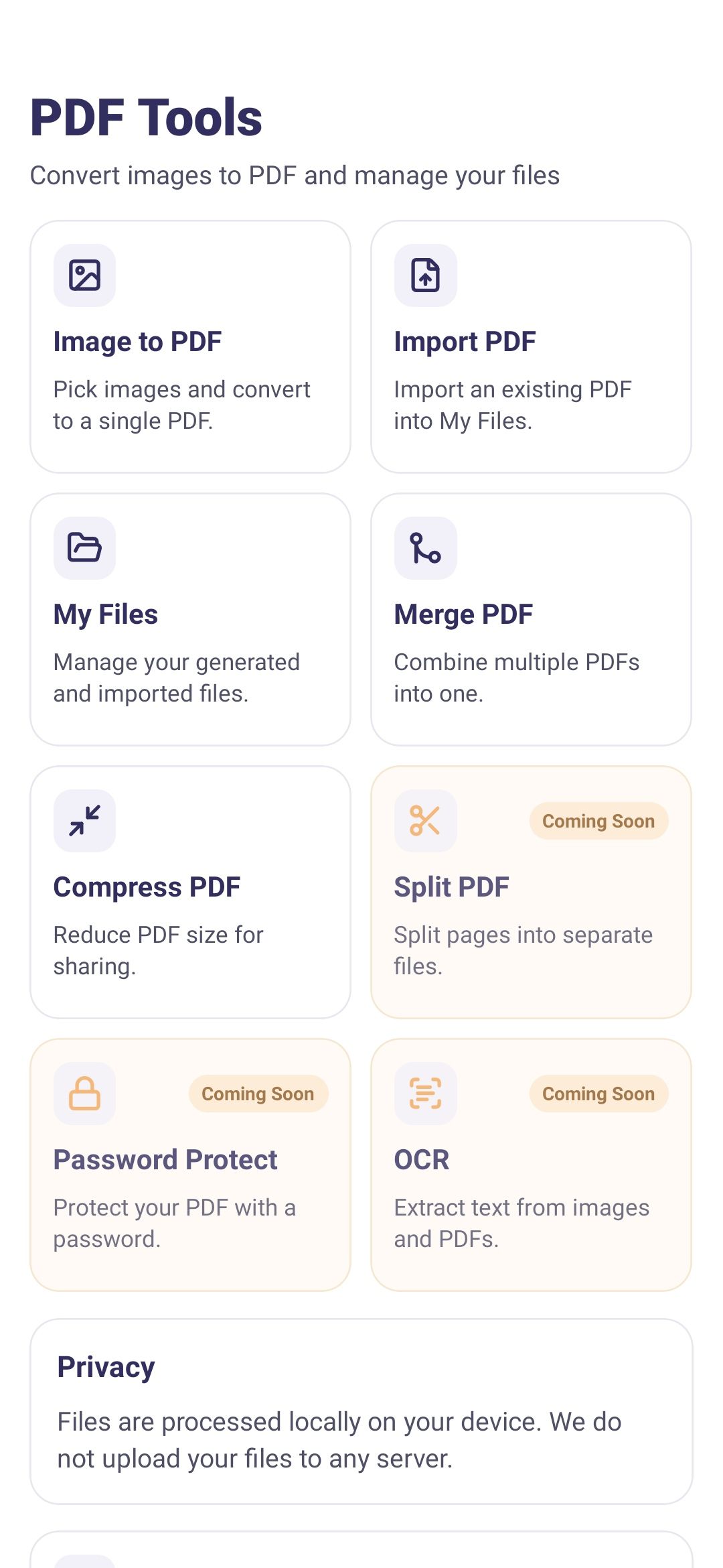 PDF Tools Android app home screen showing the available PDF tools