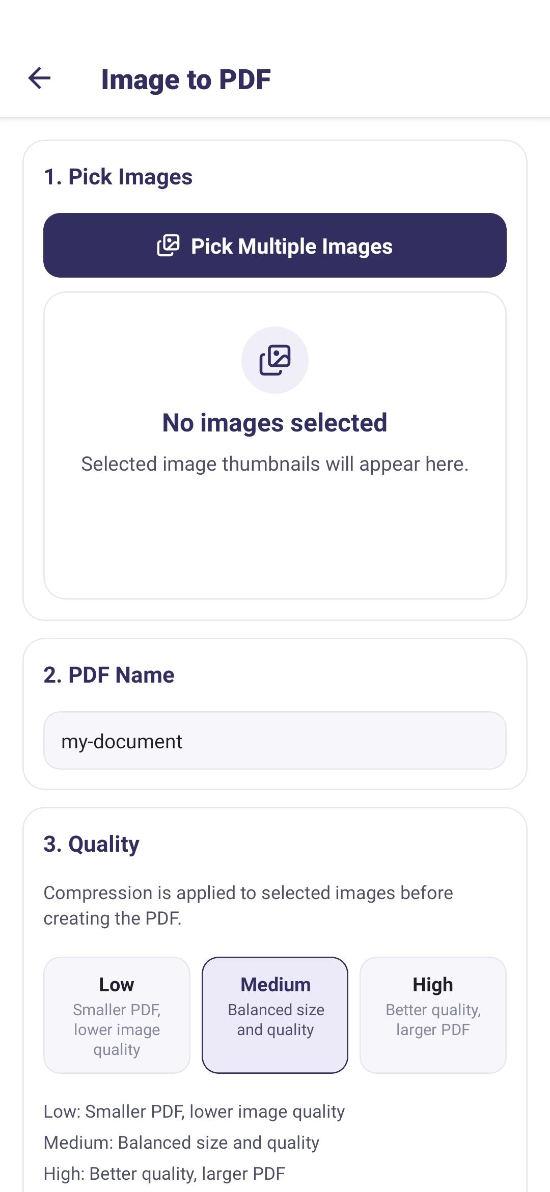 PDF Tools Image to PDF screen for selecting images and output quality