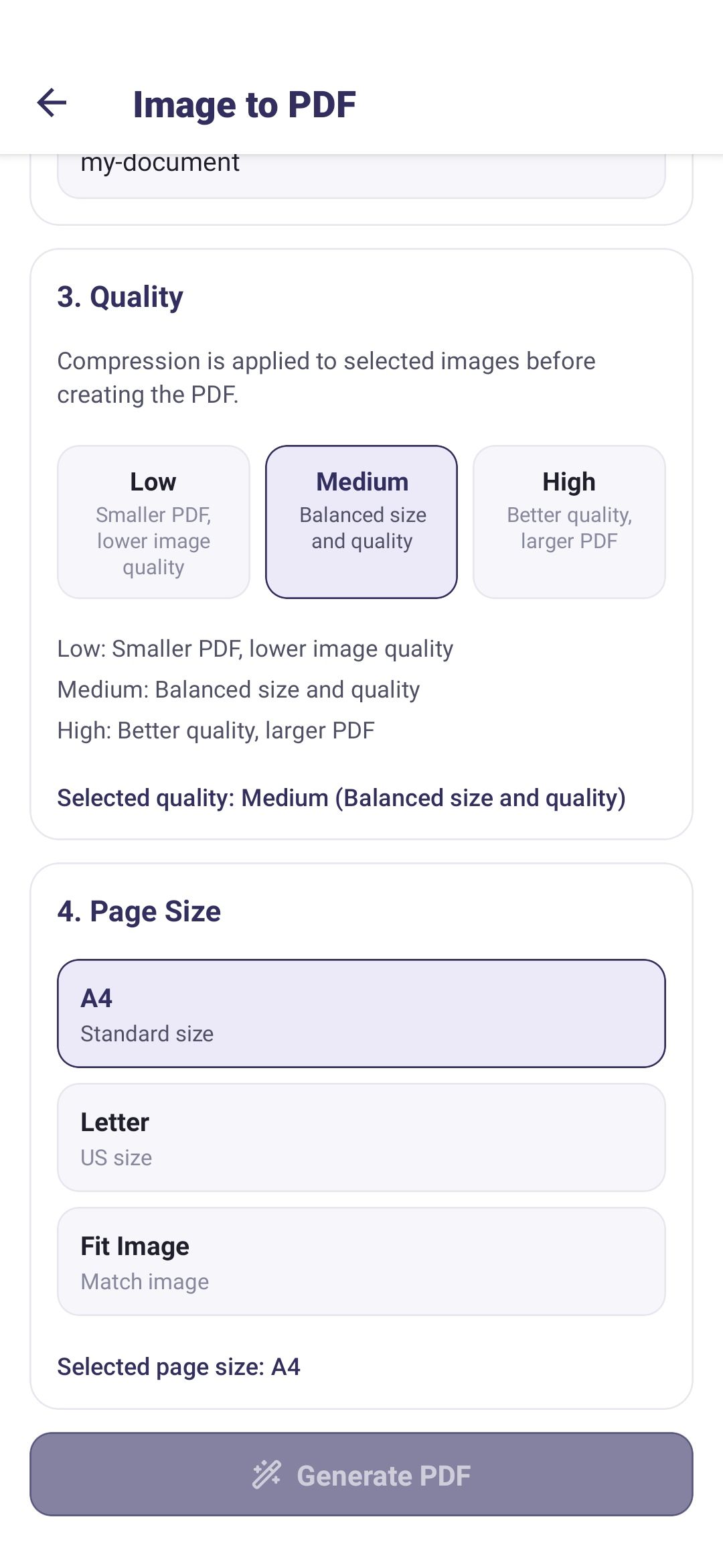 PDF Tools Image to PDF quality and page size settings
