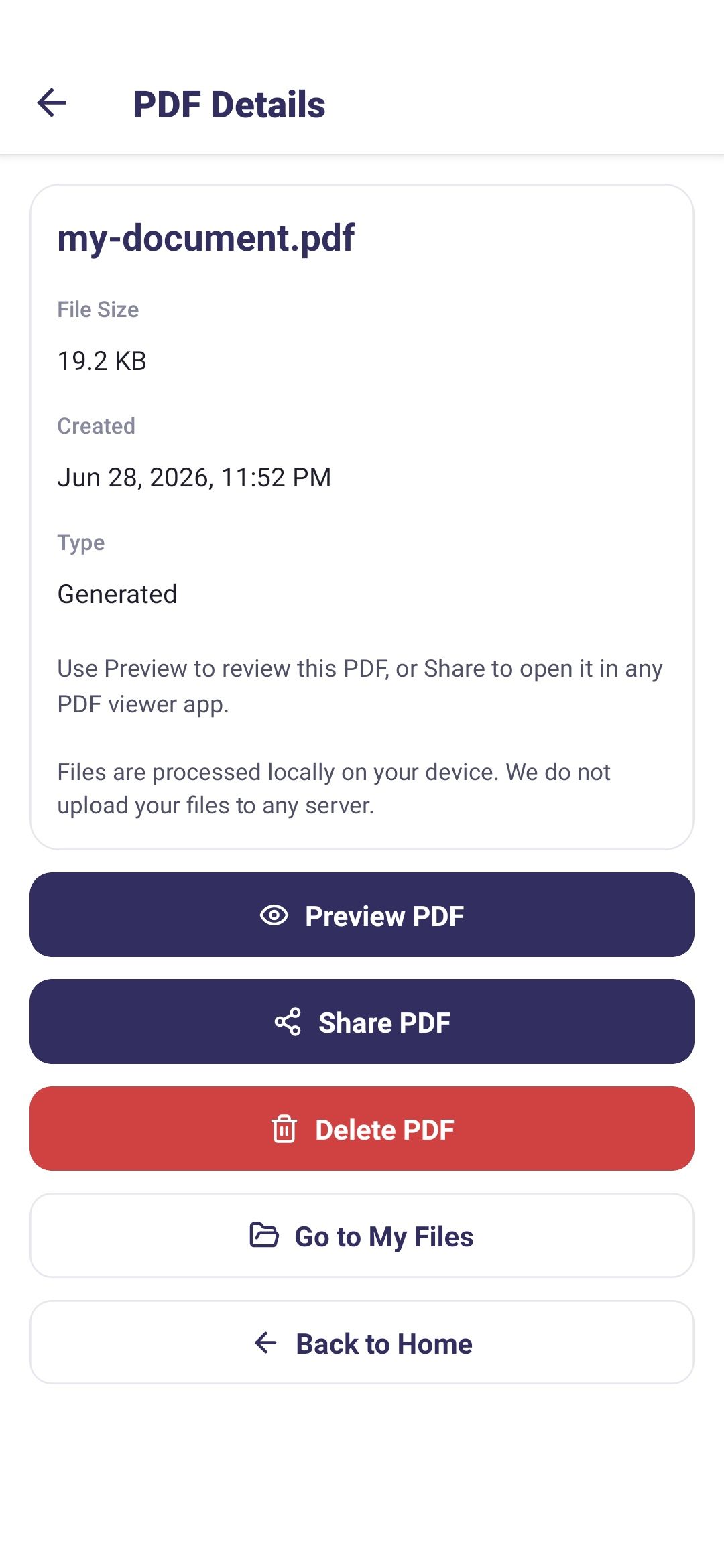 PDF Tools PDF details screen with preview, share, and delete actions