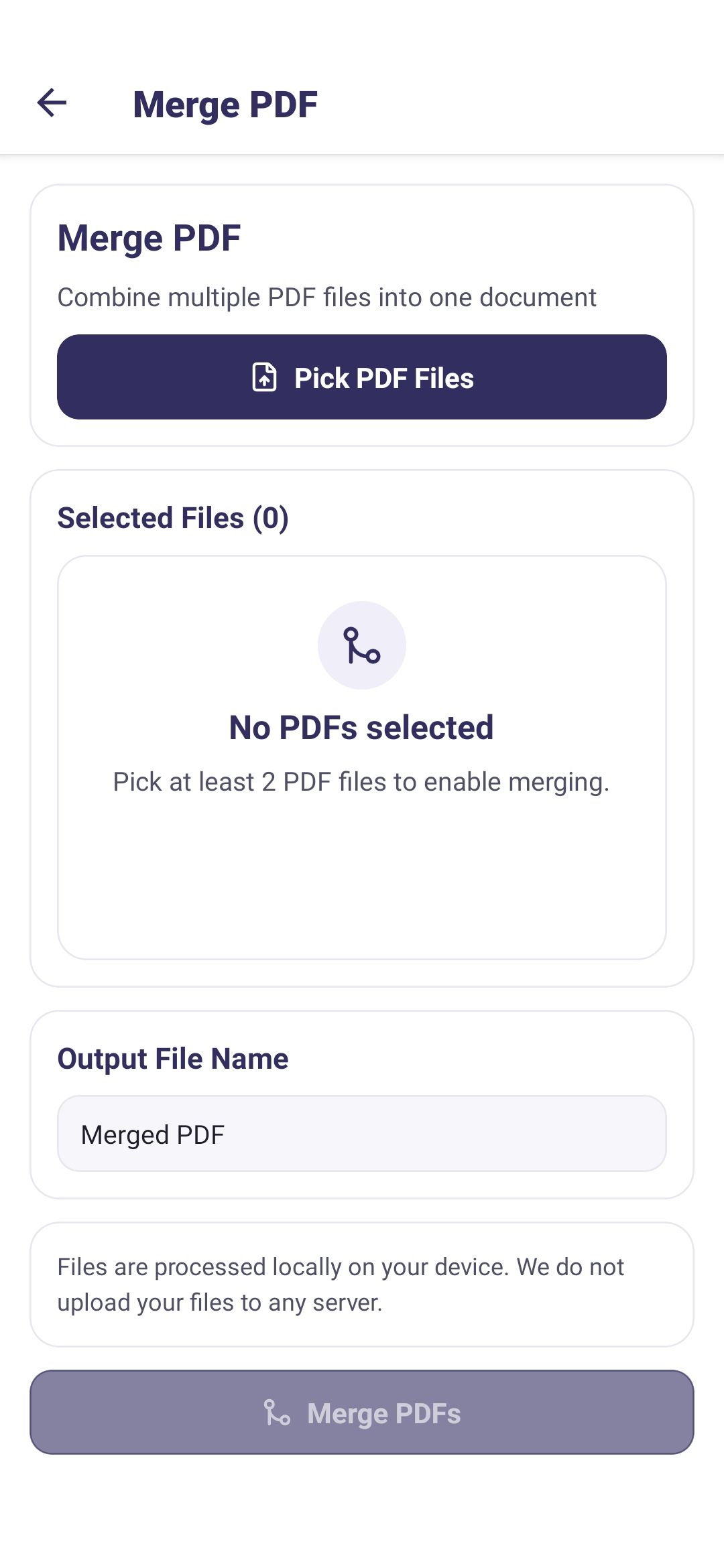 PDF Tools Merge PDF screen for selecting and combining PDF files