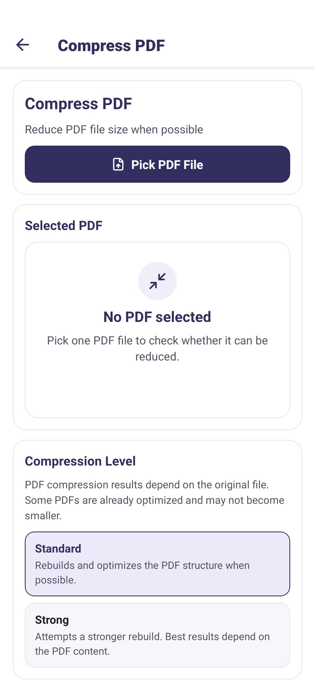 Preview of the planned Compress PDF screen in PDF Tools