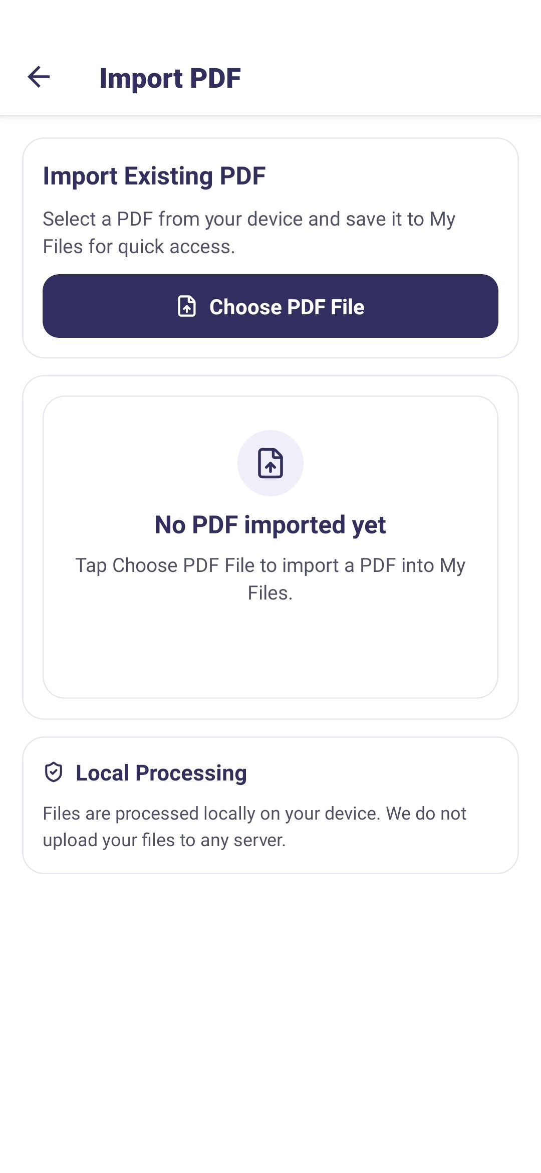 PDF Tools Import PDF screen for choosing an existing document