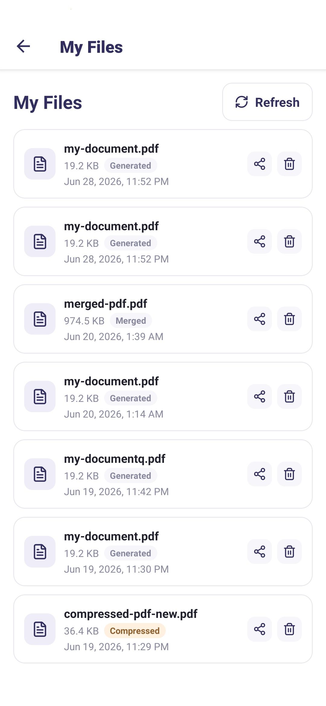 PDF Tools My Files screen showing generated, merged, and compressed PDF files