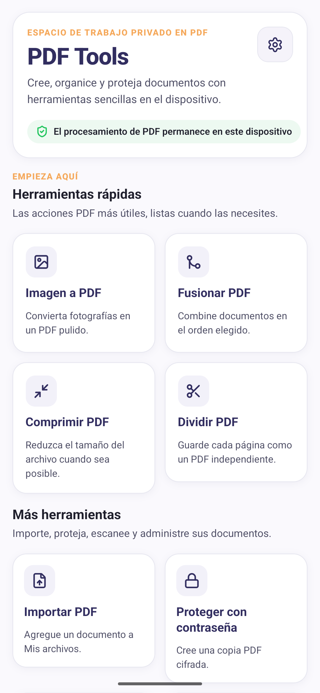 PDF Tools home screen in Spanish